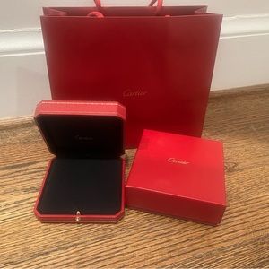 Cartier necklace packaging including push lock box, outer box and bag